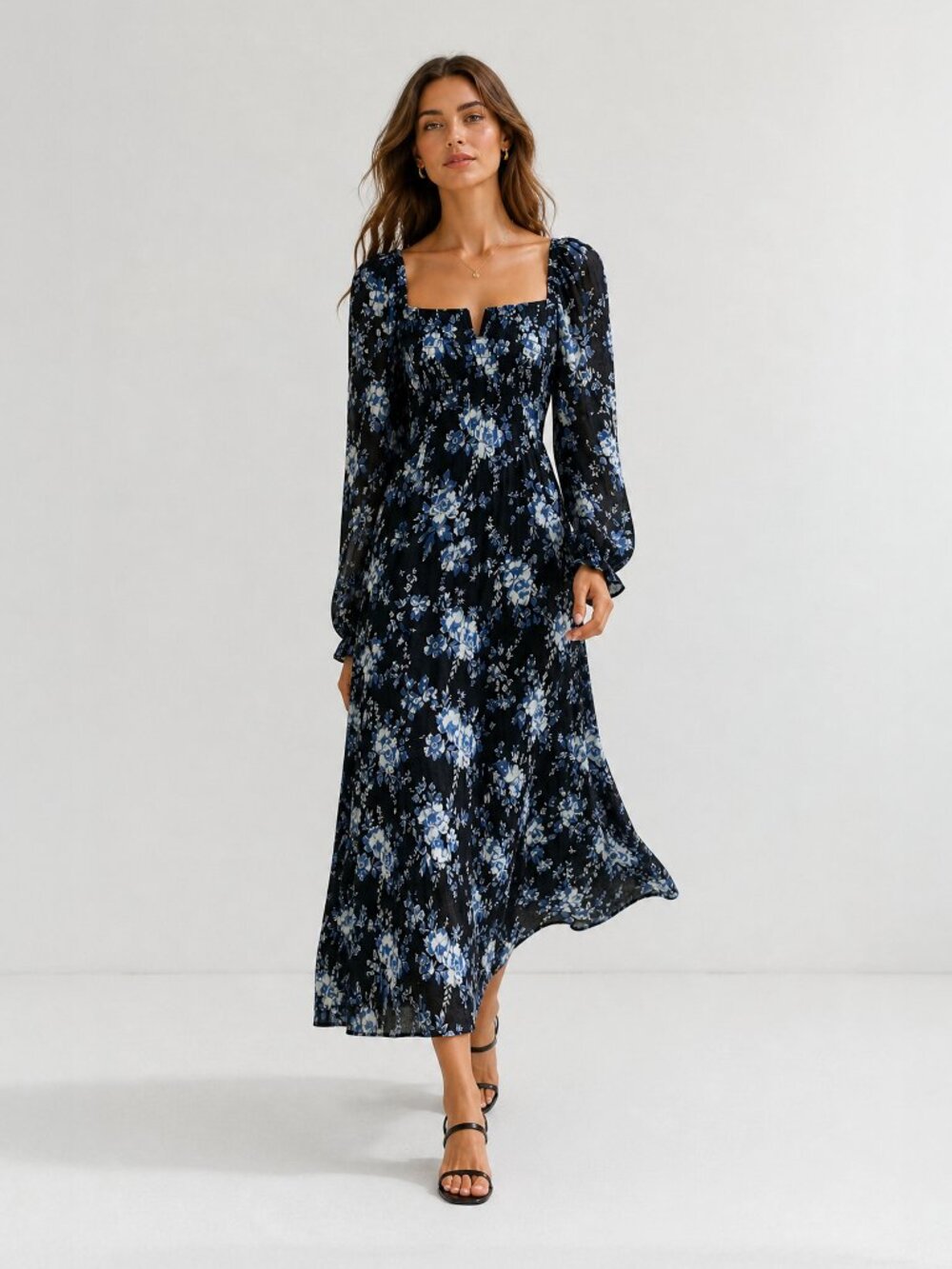 Free People NWT Navy Floral Smocked Midi Dress Romantic Cottagecore S